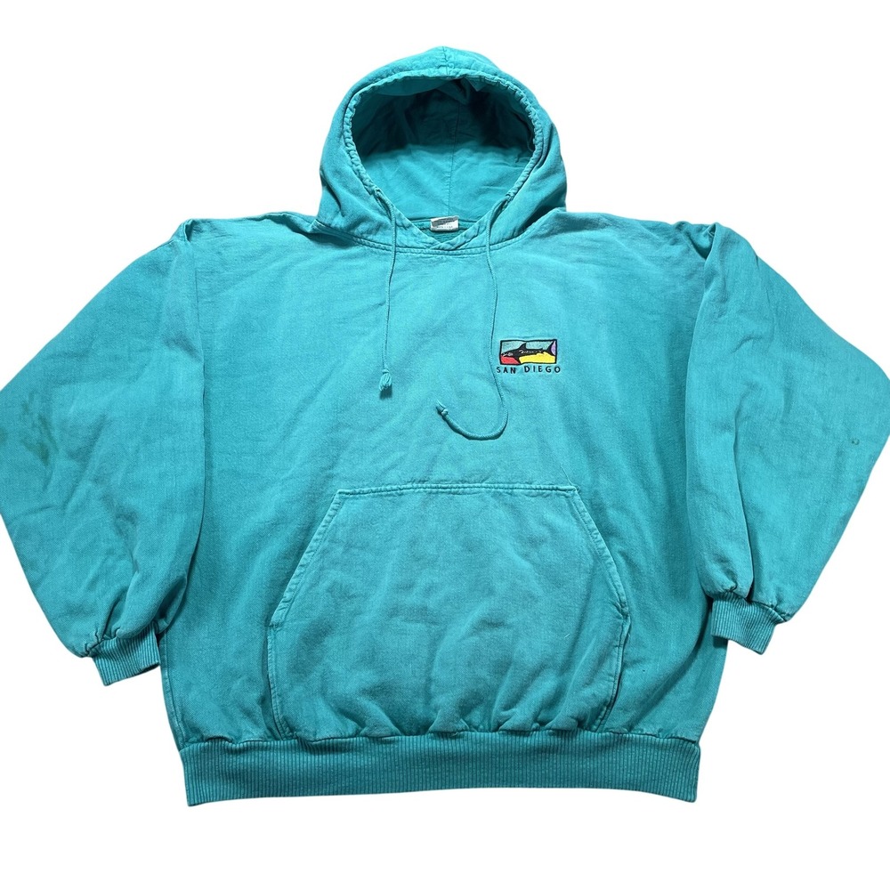 Vintage Crazy Shirts Hoodie Mens Medium Blue San Diego Orca Fleece Pullover USA